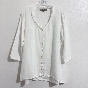 Flax Linen Button Front‎ Blouse in White